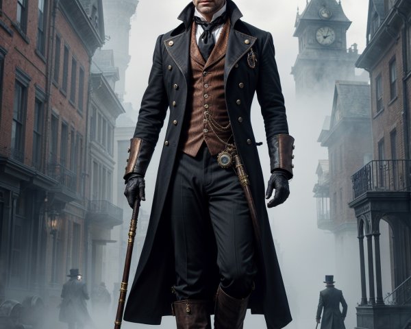 Dapper Gentleman in Victorian Street with Steampunk Vibe