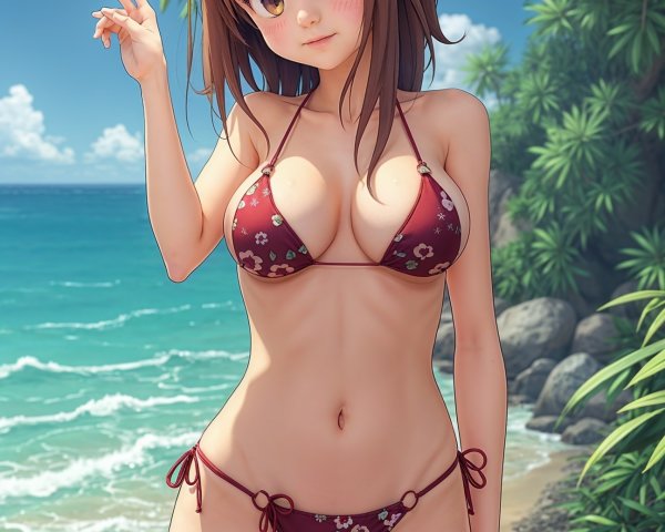 Young female character with cat ears on tropical beach