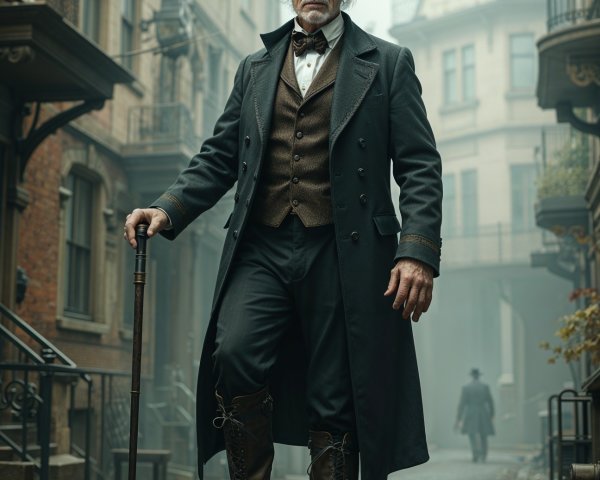 Gentleman in Formal Attire on Foggy Victorian Street