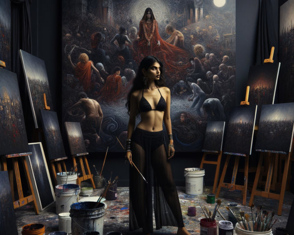 Artist in Studio with Surreal Dark Painting and Chaos