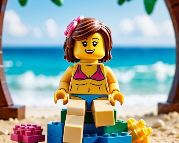 Cheerful Lego Figure on Colorful Beach Setup