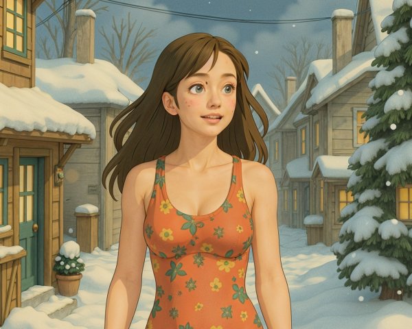Young girl in swimsuit explores snowy village scene