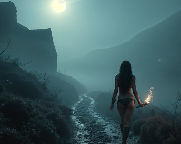Misty Moonlit Landscape with Winding Path and House