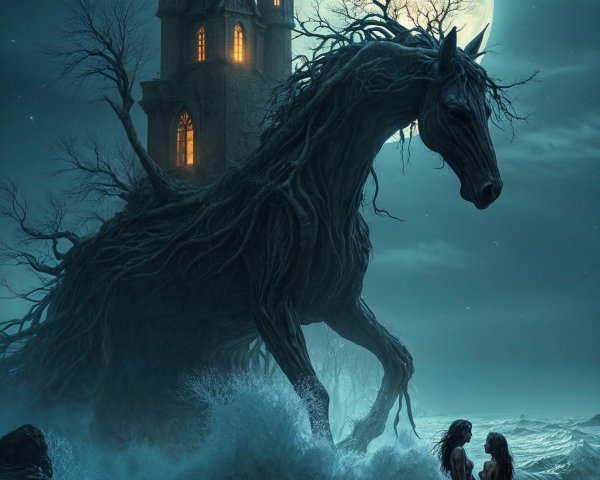 Tree-like Horse and Castle on Moonlit Shore