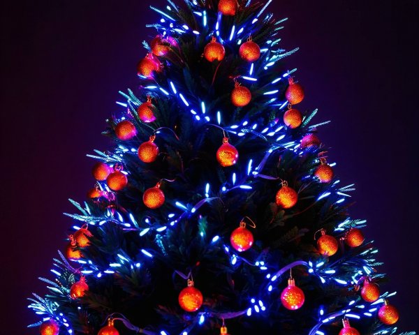 Decorated Christmas Tree with Blue Lights and Ornaments