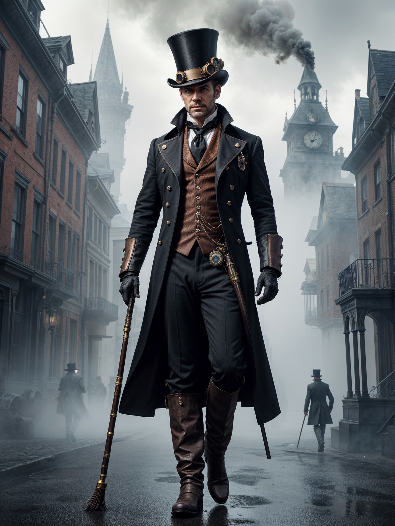 Dapper Gentleman in Victorian Street with Steampunk Vibe