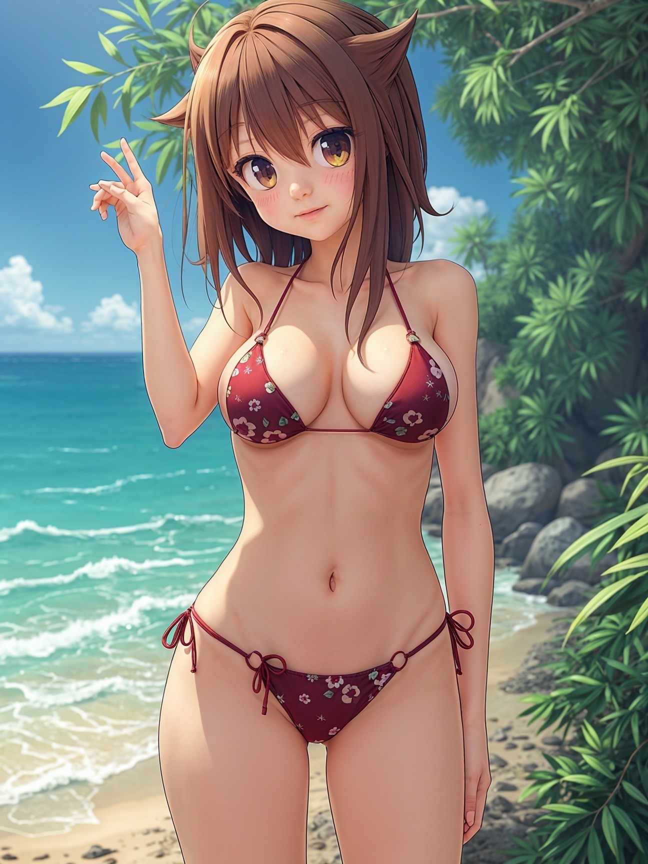 Young female character with cat ears on tropical beach