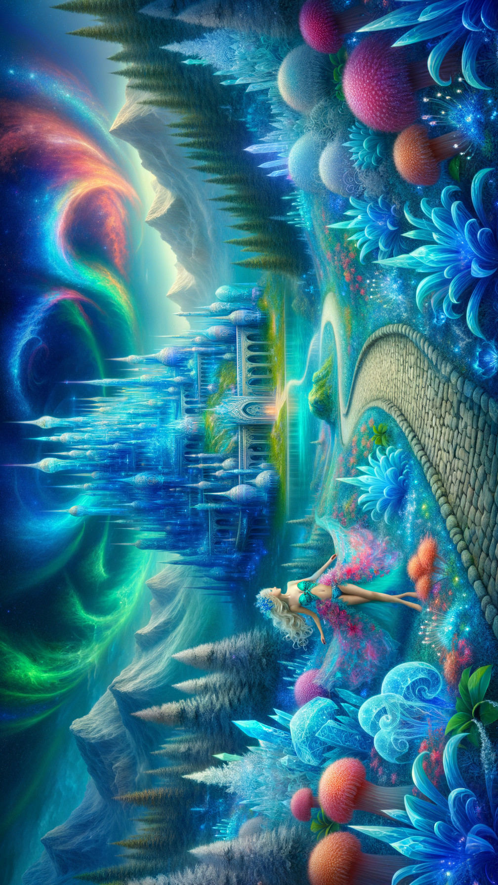 Vibrant Fantasy Landscape with Crystal City and Galaxies