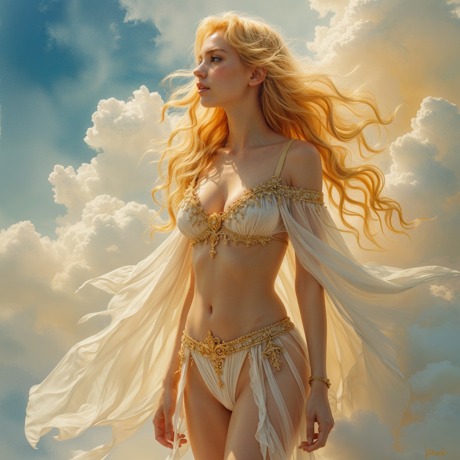Graceful figure in ethereal light among soft clouds