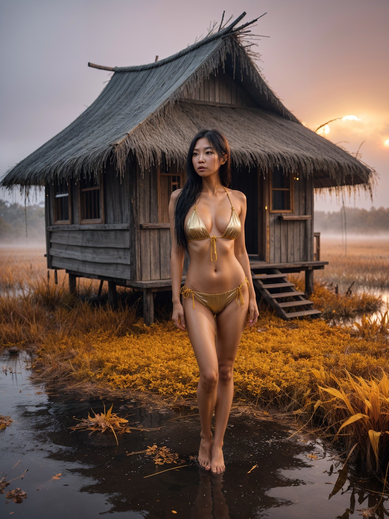 Woman in gold bikini at serene wetland sunset scene
