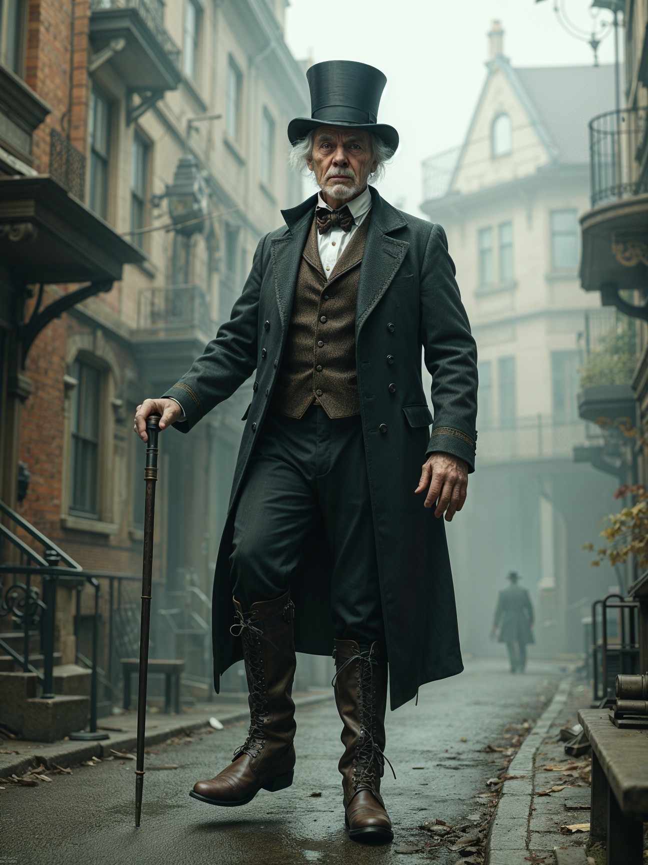 Gentleman in Formal Attire on Foggy Victorian Street