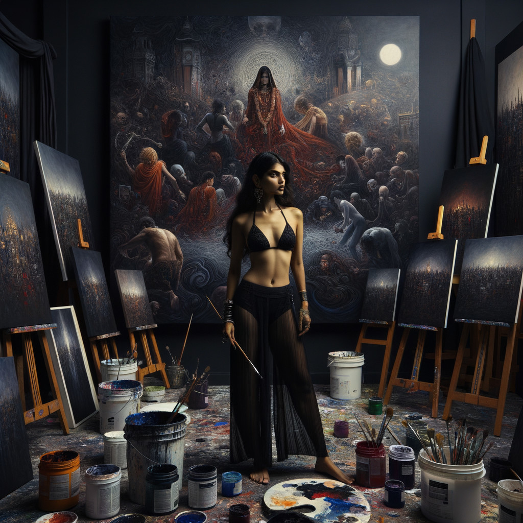 Artist in Studio with Surreal Dark Painting and Chaos