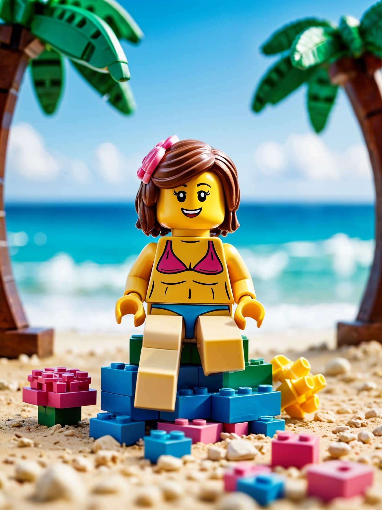 Cheerful Lego Figure on Colorful Beach Setup