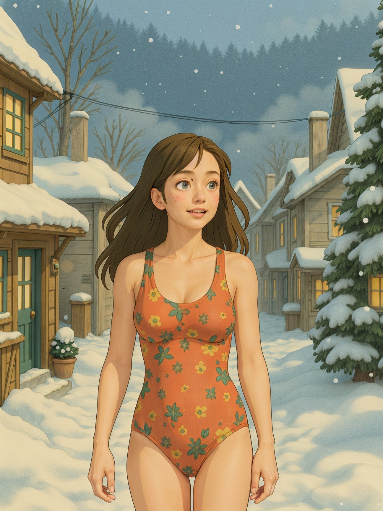 Young girl in swimsuit explores snowy village scene