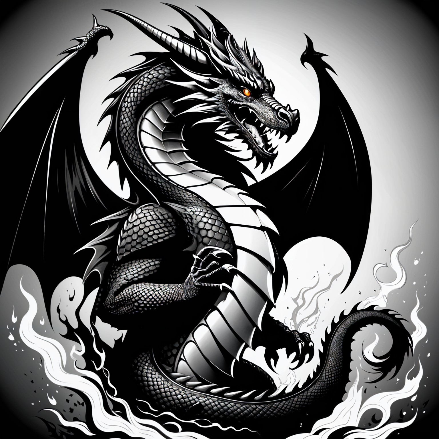 Stylized Black Dragon with Intricate Scales and Wings