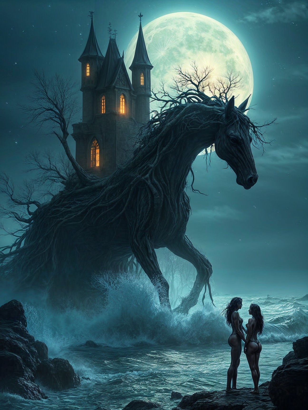 Tree-like Horse and Castle on Moonlit Shore