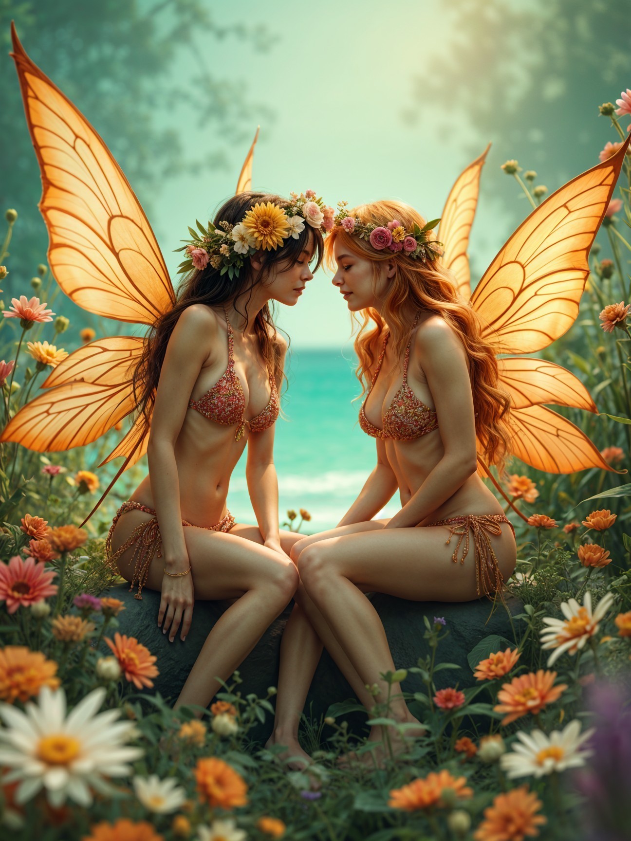 Fairies with Orange Wings in a Flower Field Scene