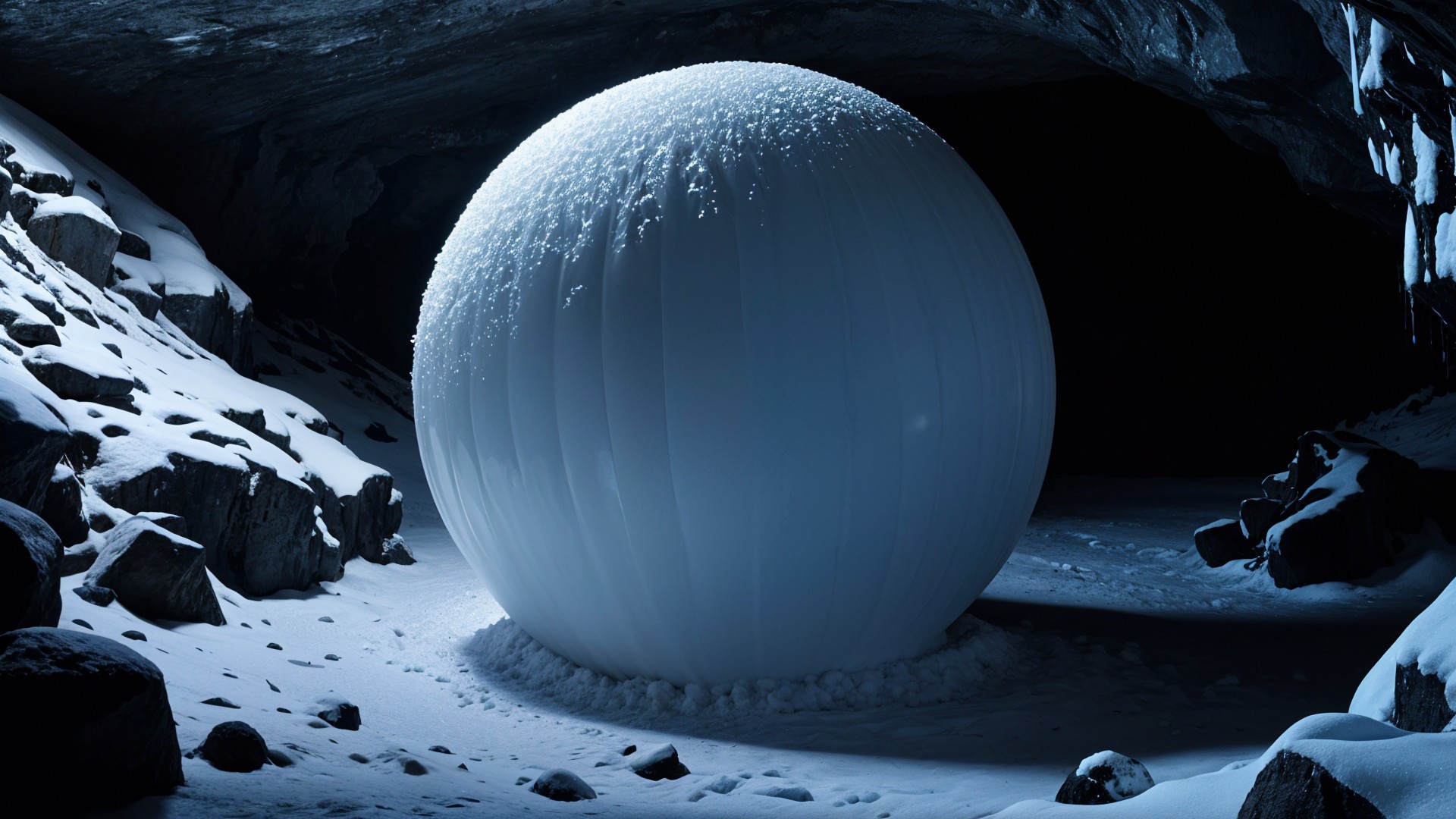 White Sphere in Dark Frozen Cave with Snowy Landscape