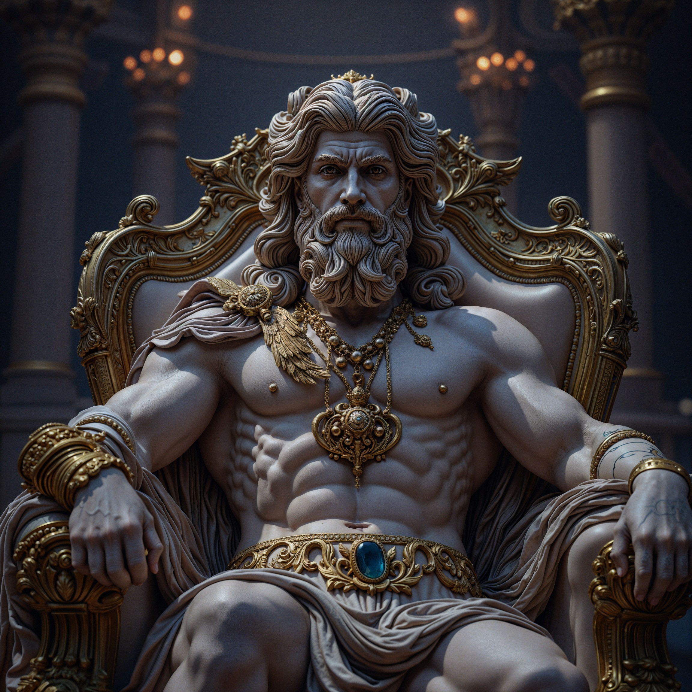 Regal Figure on Ornate Throne in Opulent Setting