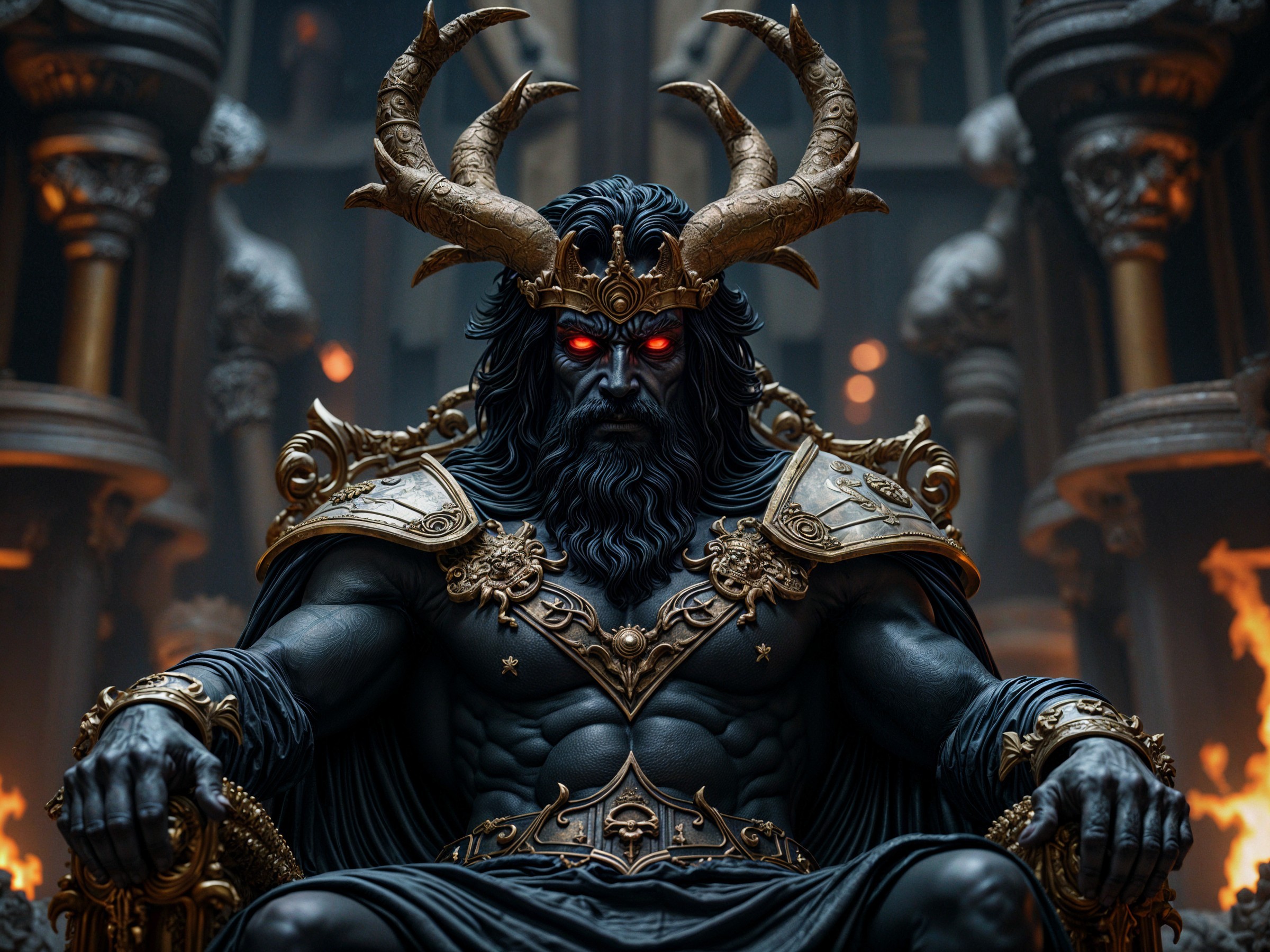 Muscular Figure on Ornate Throne with Fiery Background