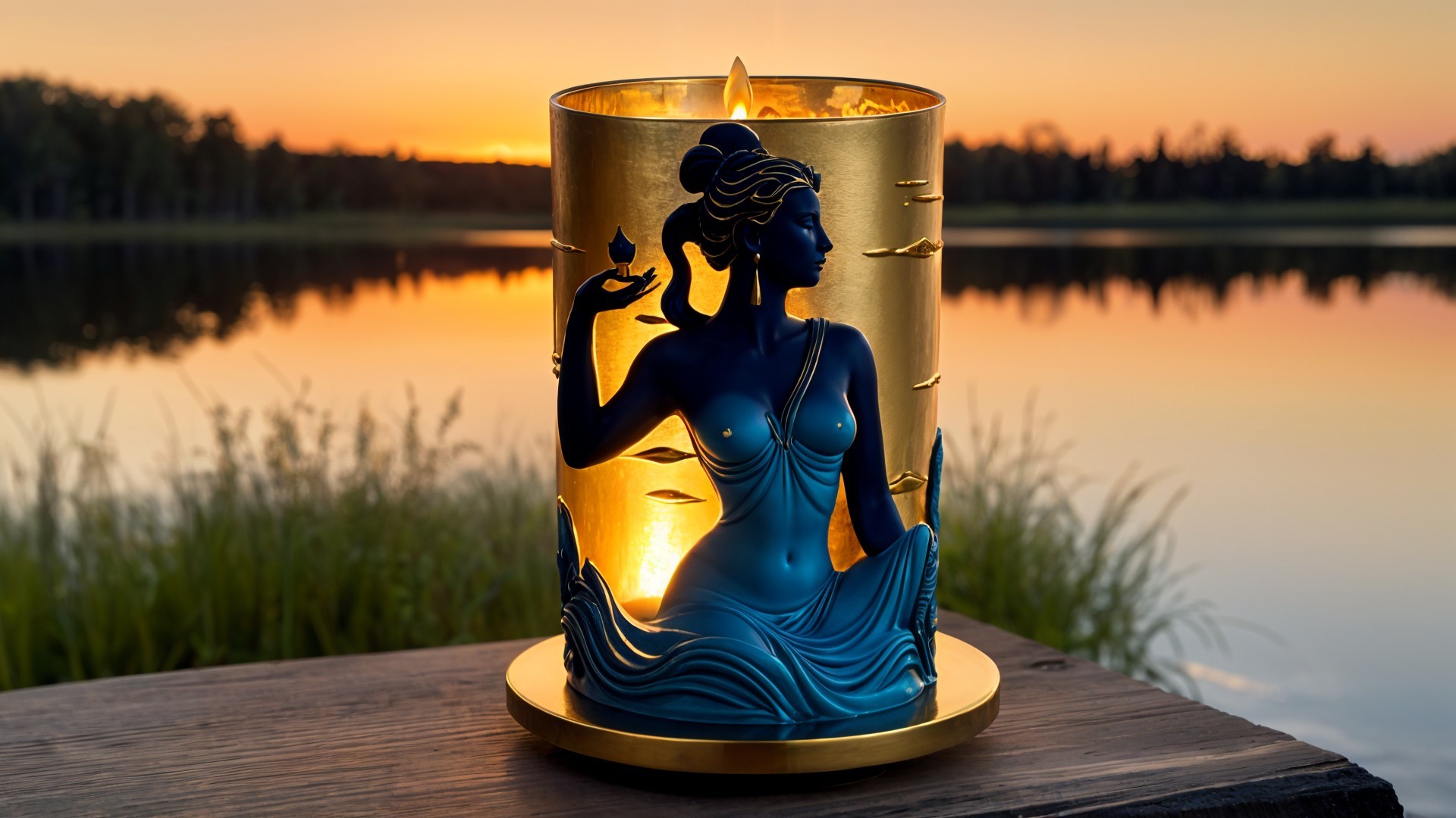 Serene Candle Holder with Goddess Figure and Sunset Lake