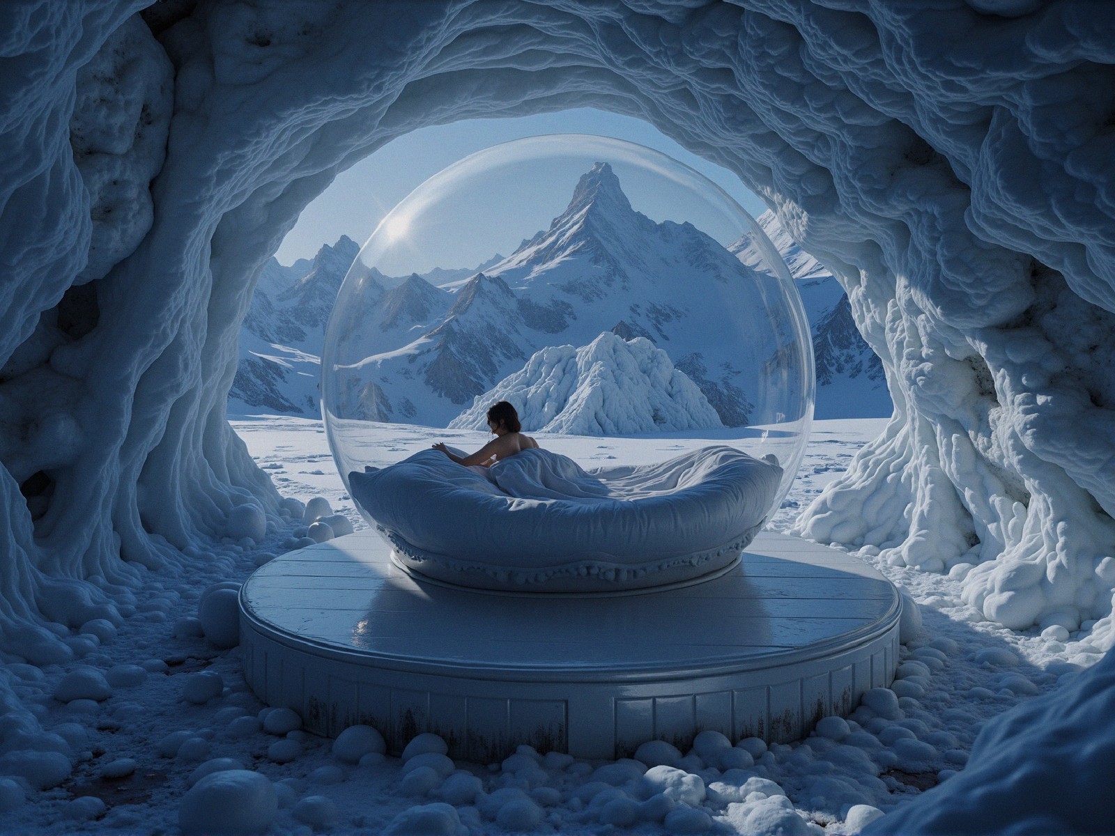 Futuristic Scene in a Glacial Cave with Mountains