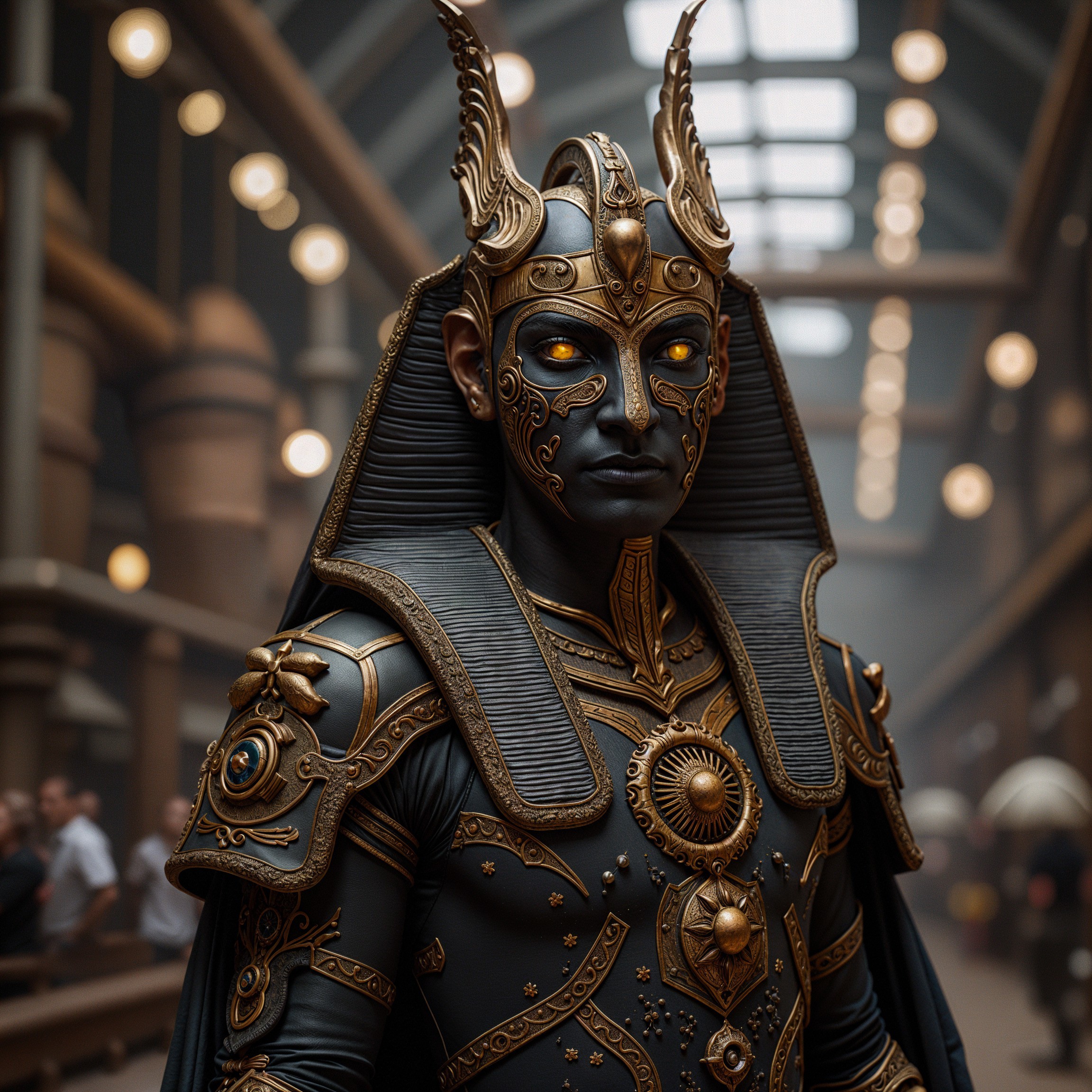 Regal Figure in Elaborate Armor in Industrial Setting