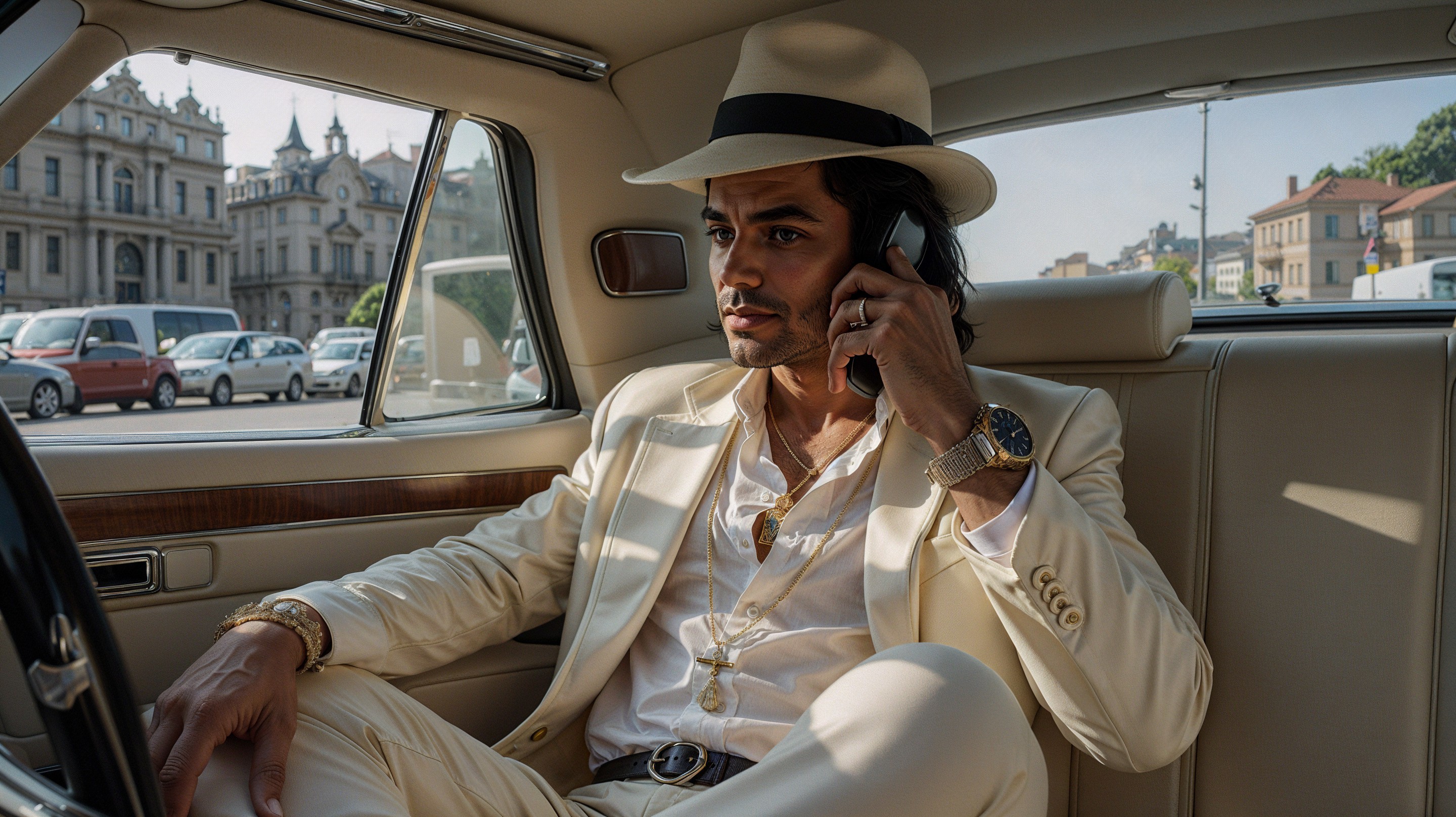Stylish Individual in Cream Suit in Luxury Car