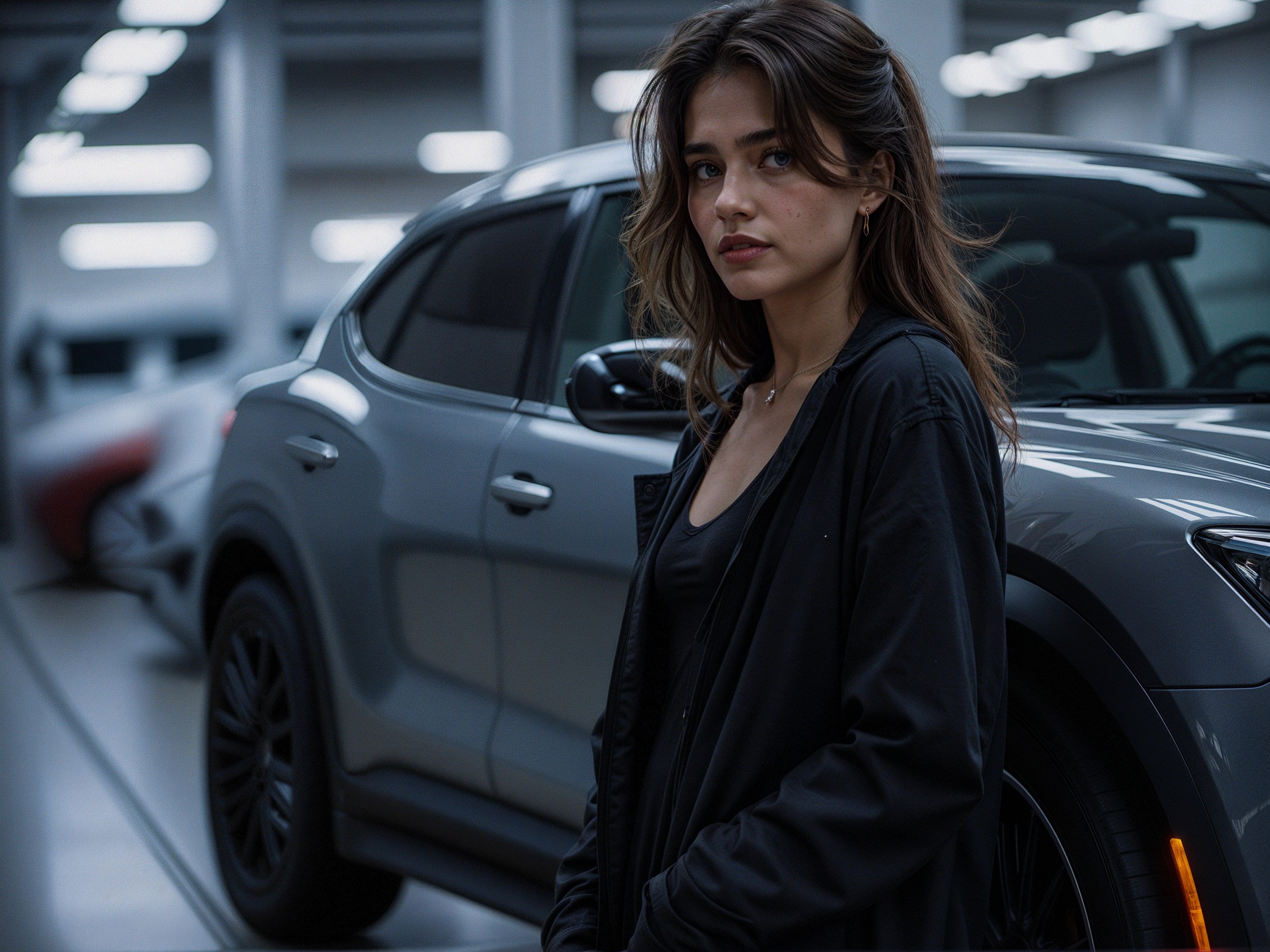 Young woman in stylish garage with modern car
