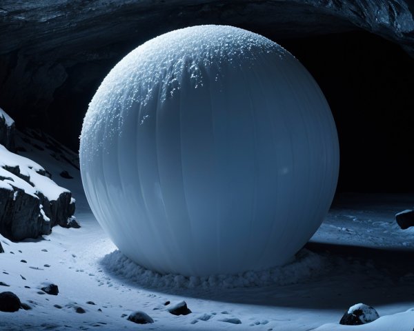 White Sphere in Dark Frozen Cave with Snowy Landscape