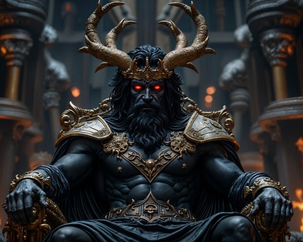 Muscular Figure on Ornate Throne with Fiery Background