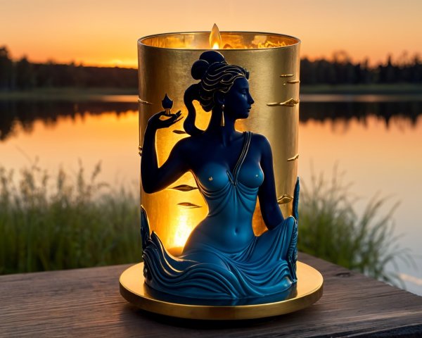Serene Candle Holder with Goddess Figure and Sunset Lake