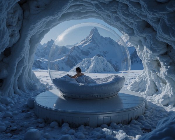 Futuristic Scene in a Glacial Cave with Mountains