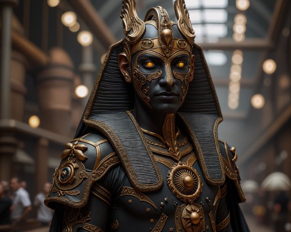 Regal Figure in Elaborate Armor in Industrial Setting