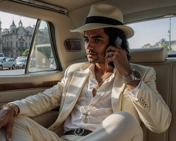 Stylish Individual in Cream Suit in Luxury Car