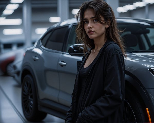 Young woman in stylish garage with modern car