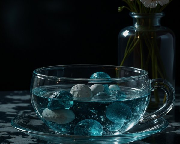 Transparent Glass Cup with Turquoise Water and Spheres