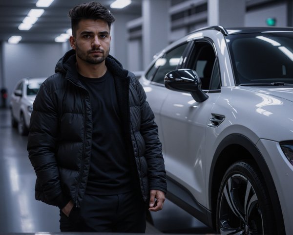 Young man with SUV in modern garage setting