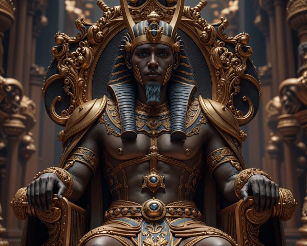 Majestic figure in golden armor on ornate throne