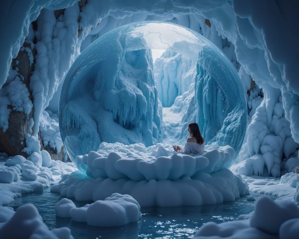 Serene Ice Cave with Translucent Bubble and Ice Cloud