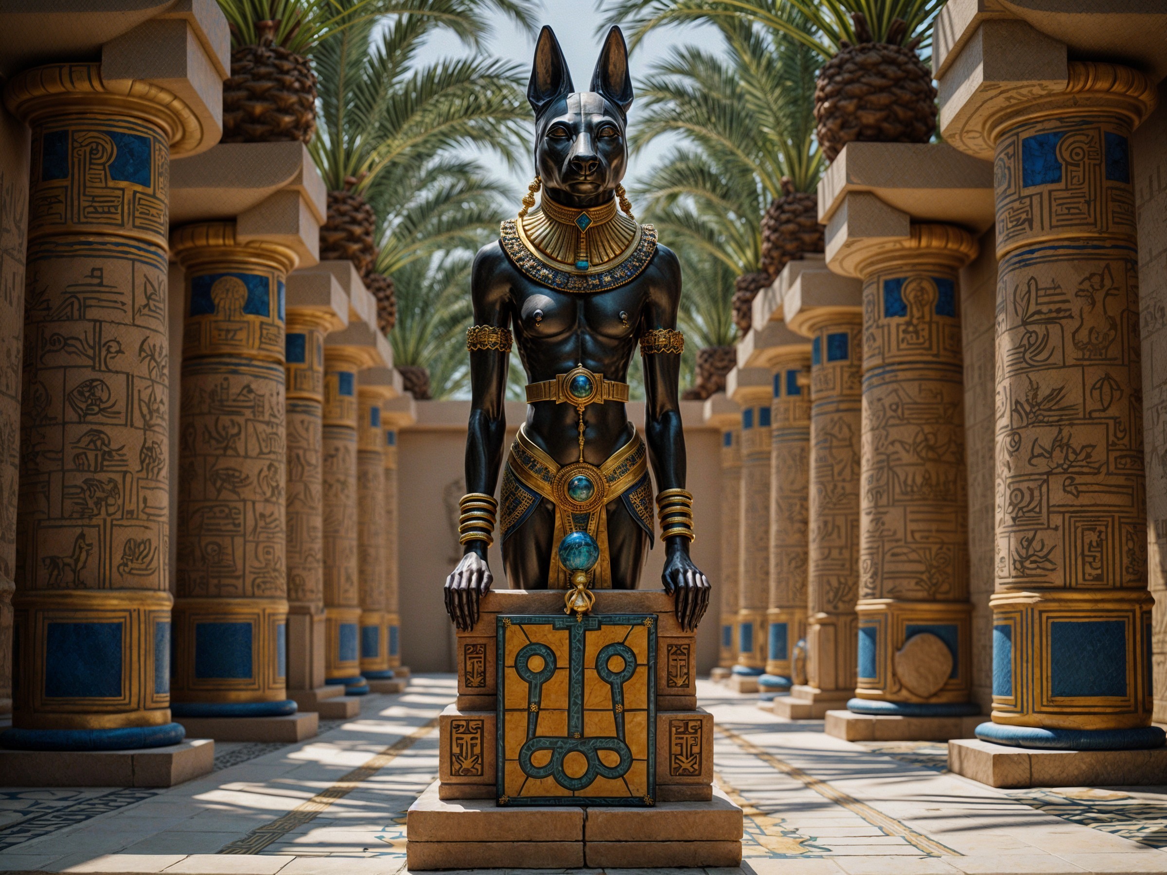 Majestic Anubis Statue in Lush Courtyard Setting