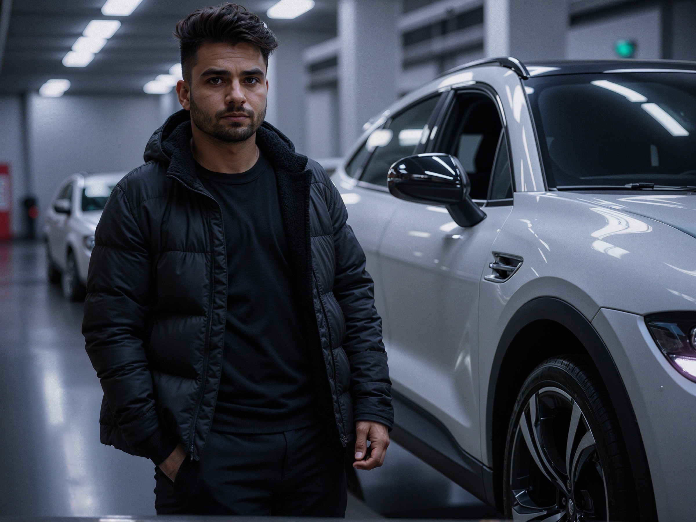 Young man with SUV in modern garage setting