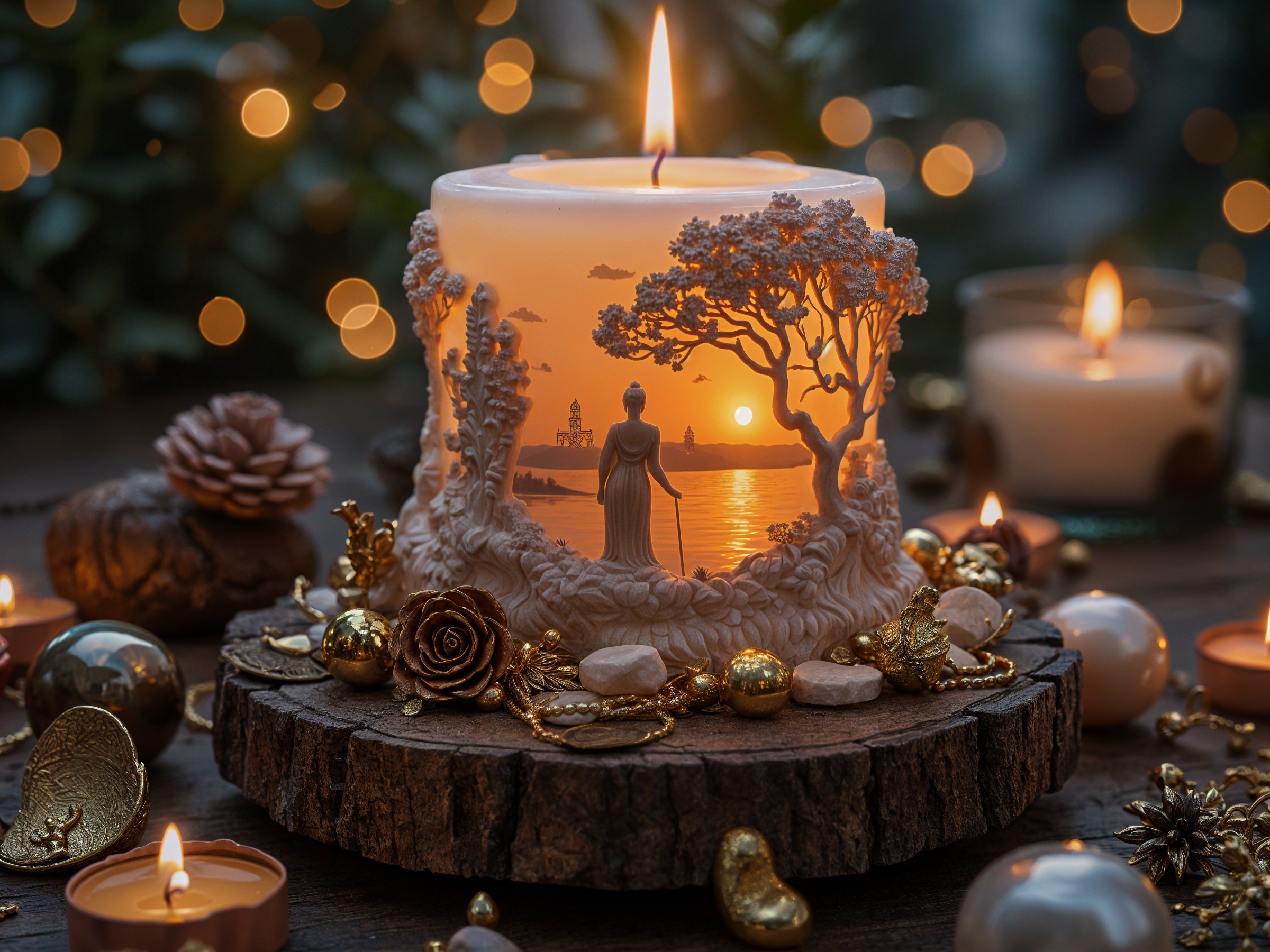 Carved Candle on Wooden Base with Serene Design Elements