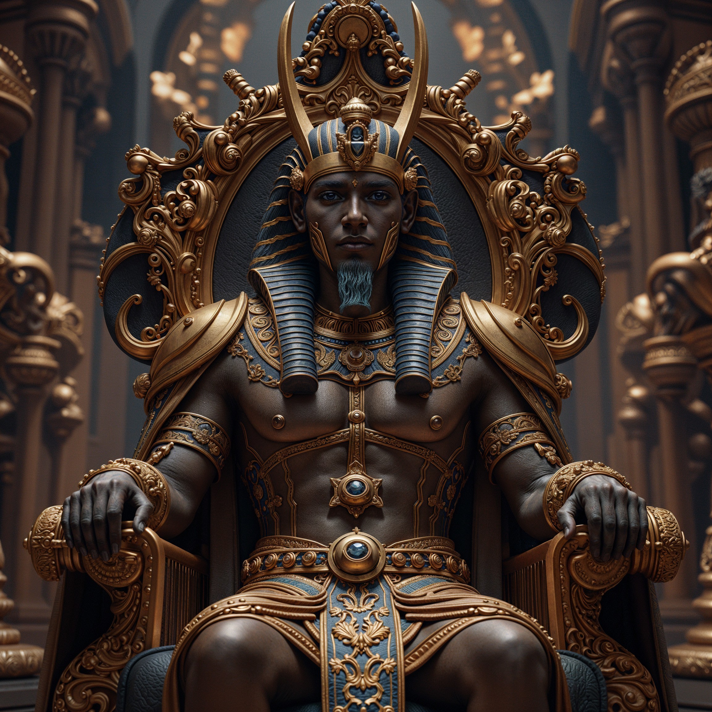 Majestic figure in golden armor on ornate throne