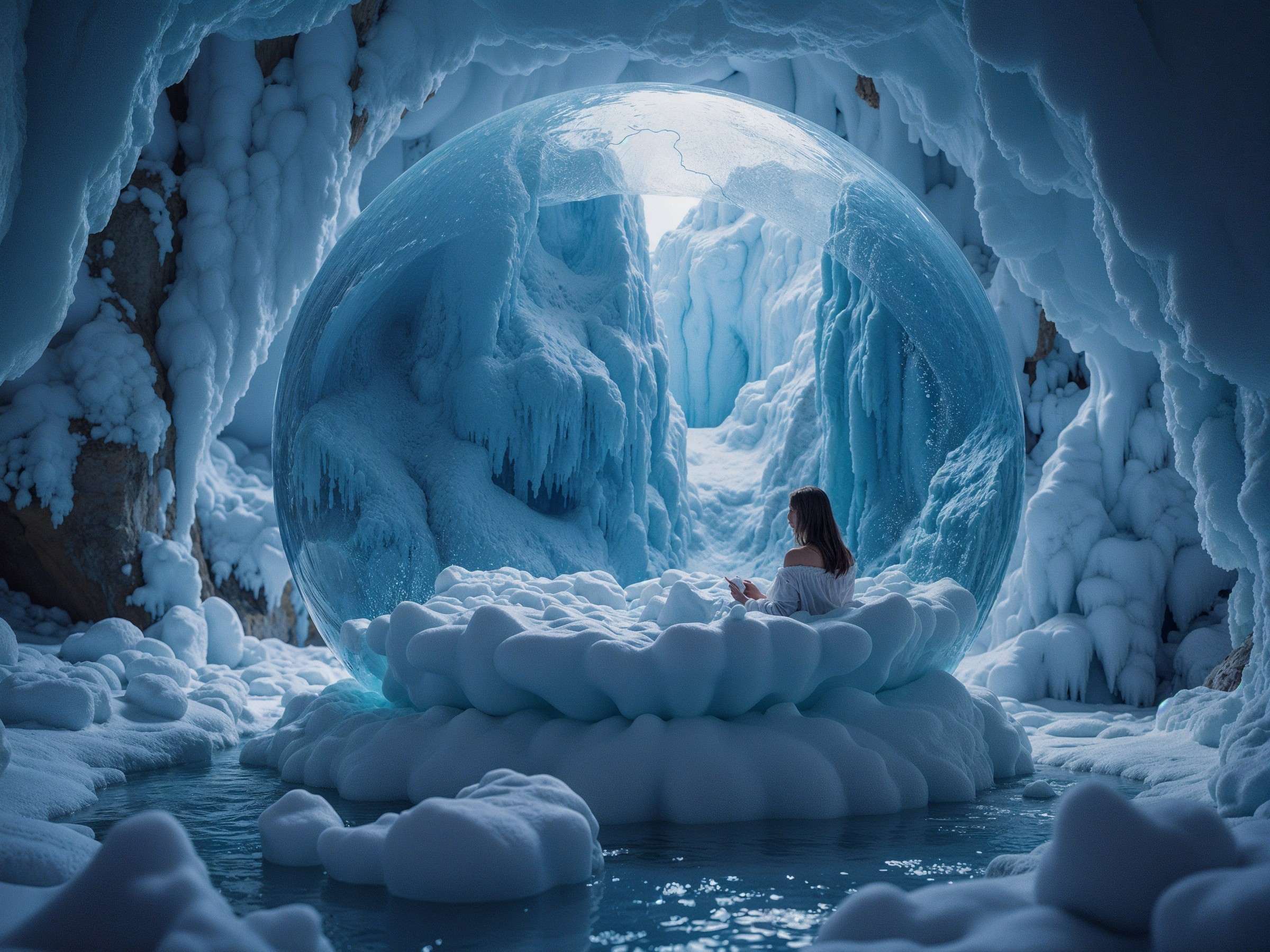Serene Ice Cave with Translucent Bubble and Ice Cloud