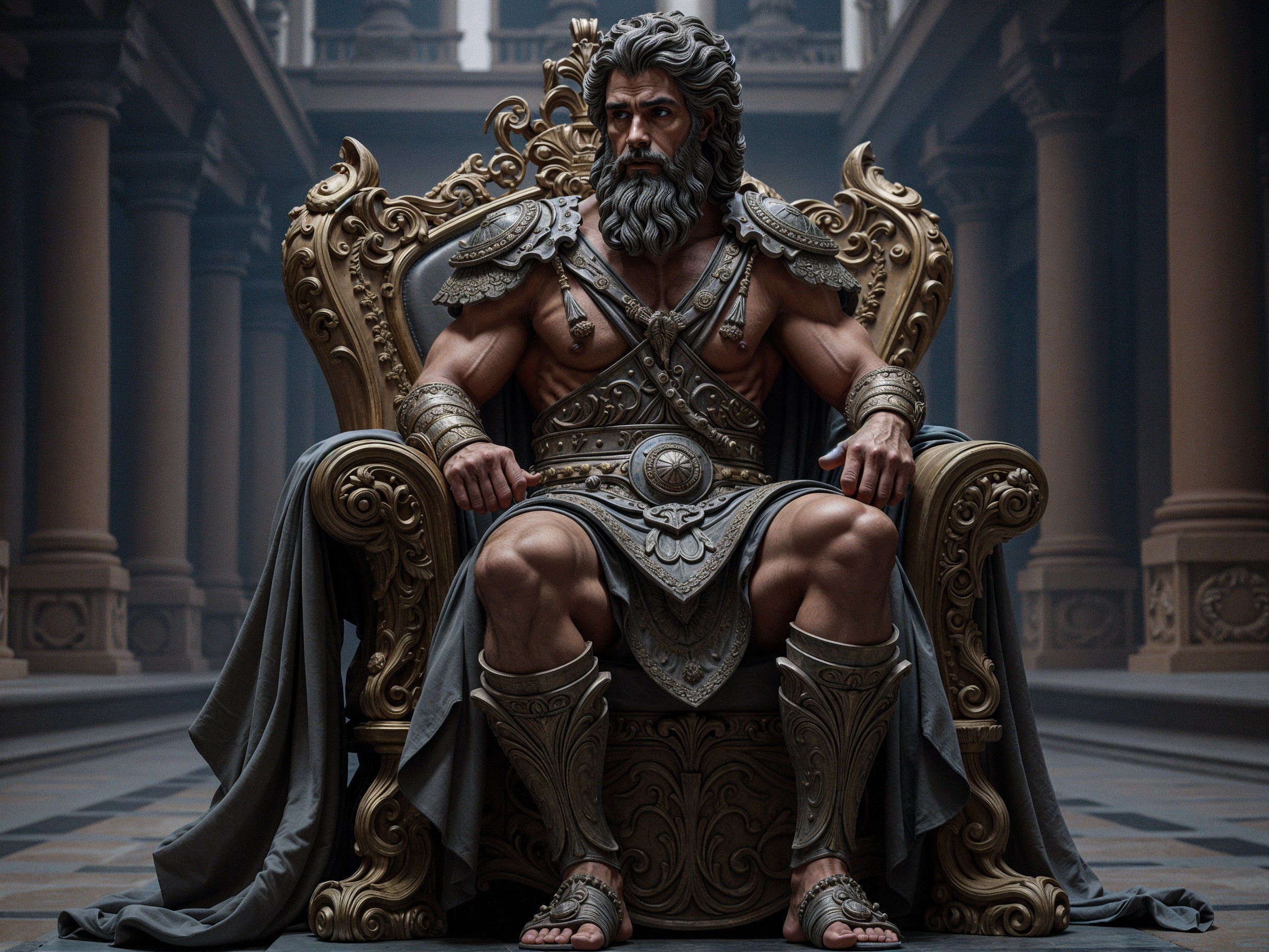 Regal Figure on Ornate Throne in Grand Setting