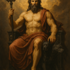Muscular Figure on Ornate Throne with Fiery Background