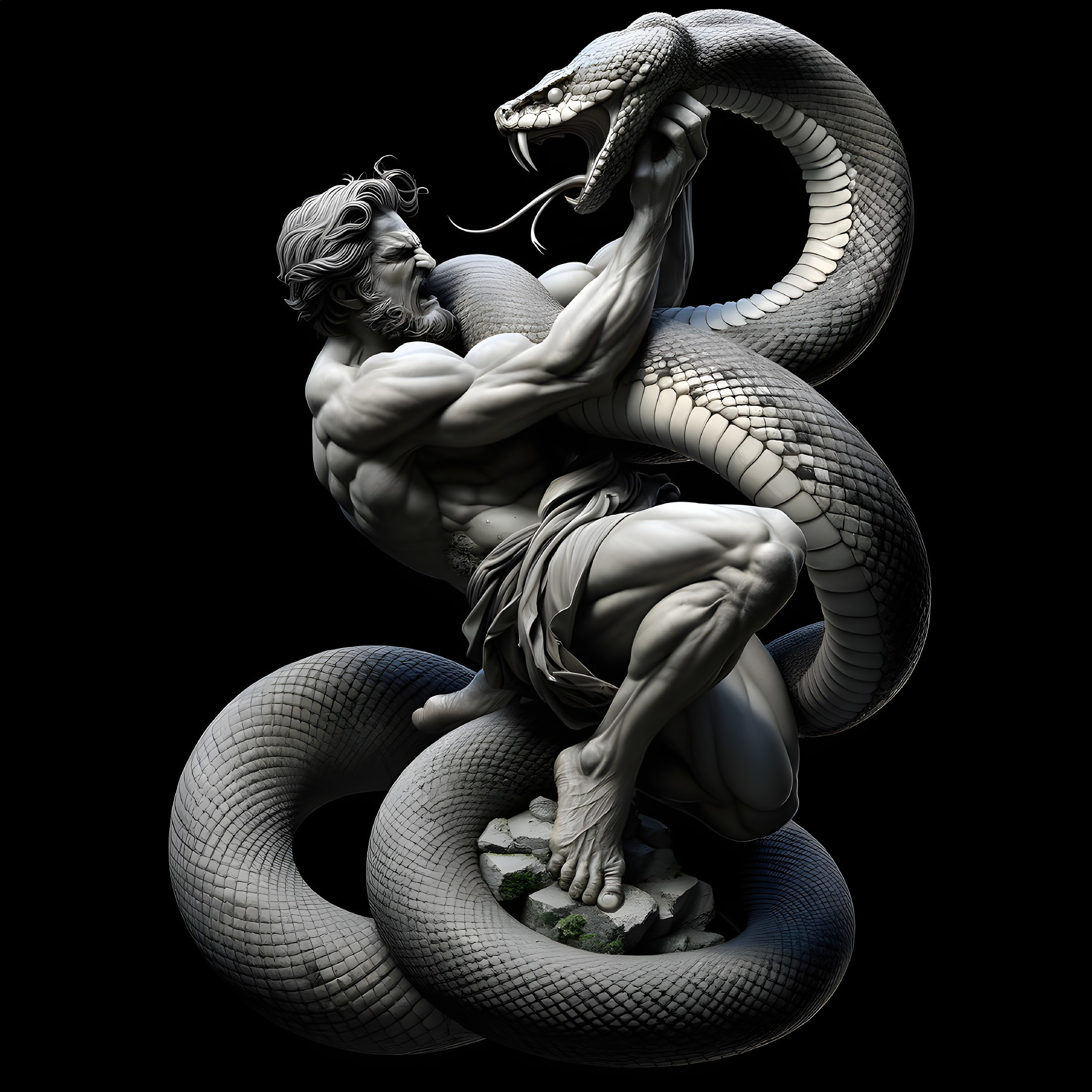 Muscular Figure Confronts Large Coiled Snake in Art