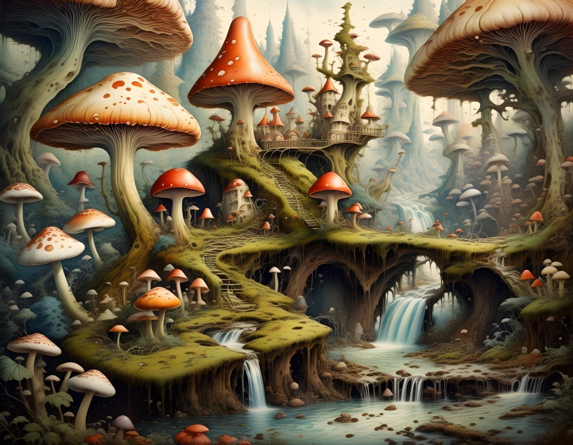 Whimsical Landscape with Colorful Giant Mushrooms