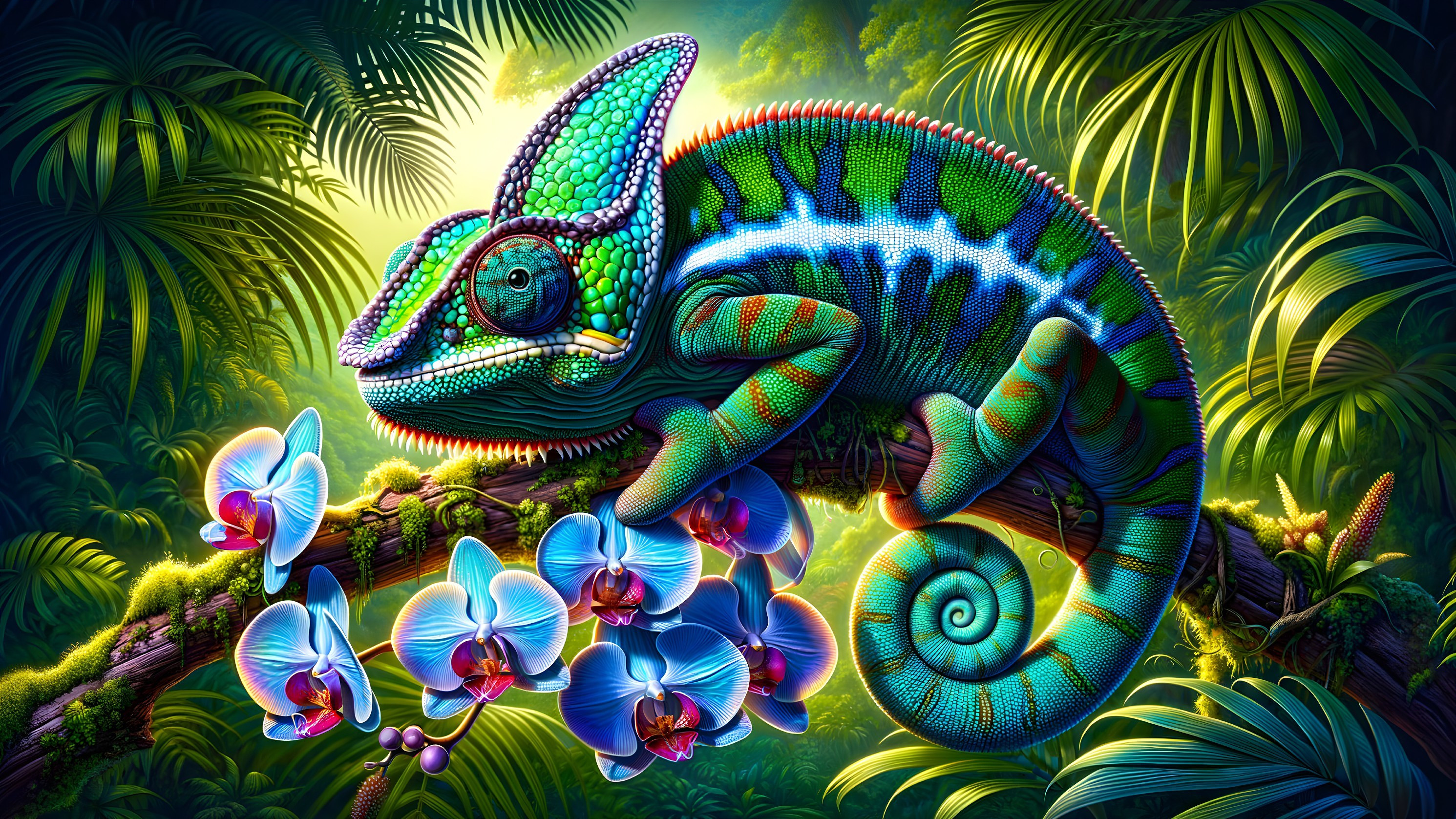 Vibrant Chameleon on Moss-Covered Branch in Tropics